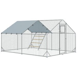 PawHut Walk-in Chicken Run w/ Cover, Feeding Door, Hanging Feeder, Perch, for 12-18 Poultry