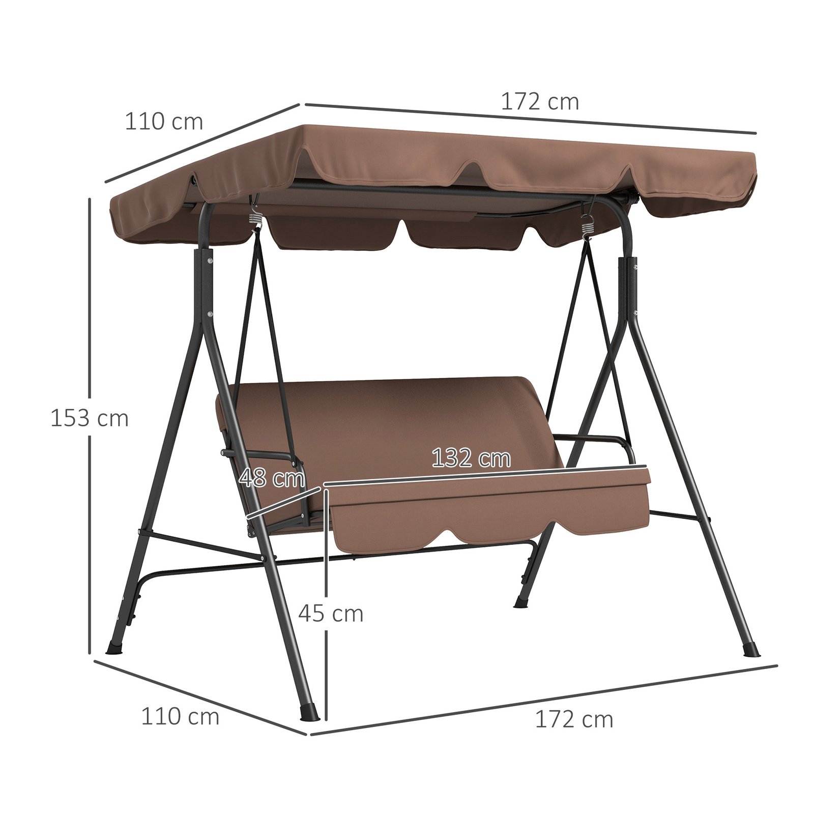 Outsunny 3 Seater Garden Swing Chair, Outdoor Swing Chair with Adjustable Canopy, Mental Frame & Cushions, Brown - Image 3