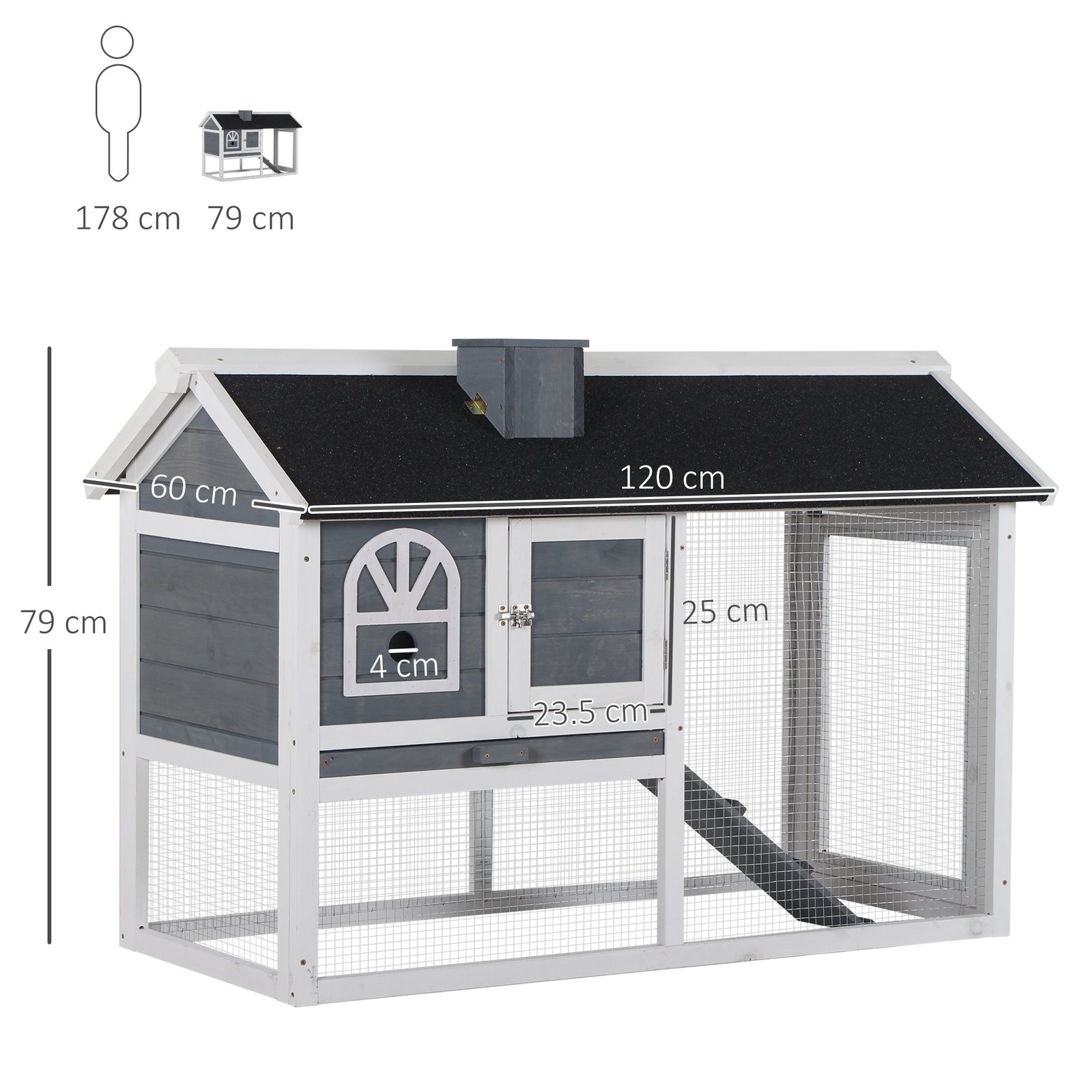 PawHut Wooden Rabbit Hutch and Run with Sliding Tray, Ramp, Water-resistant Roof, for 2-4 Rabbits, Grey - Image 3