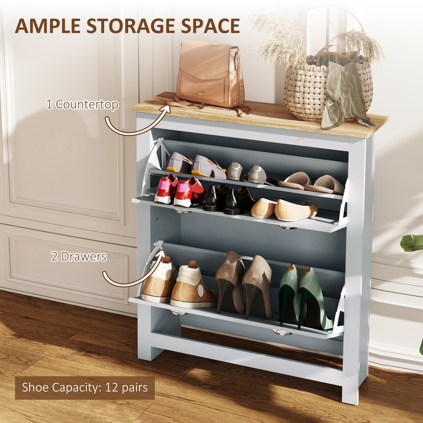 HOMCOM 2 Drawer Shoe Cabinet Modern Narrow Shoe Cupboard Hallway Wooden Storage Organiser with Flip Doors Adjustable Shelf for 6-12 Pairs, Grey - Image 4