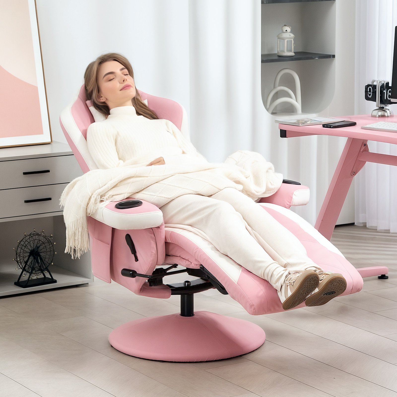 HOMCOM Manual Recliner Armchair PU Leather Lounge Chair w Adjustable Leg Rest, 135° Reclining Function, 360° Swivel, Pink - Image 7