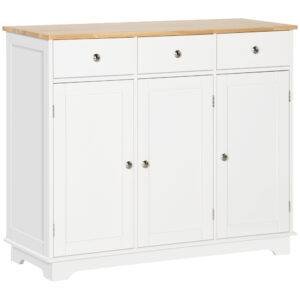 HOMCOM Sideboard with Rubber Wood Top, Modern Storage Cabinet with 3 Adjustable Shelves, White