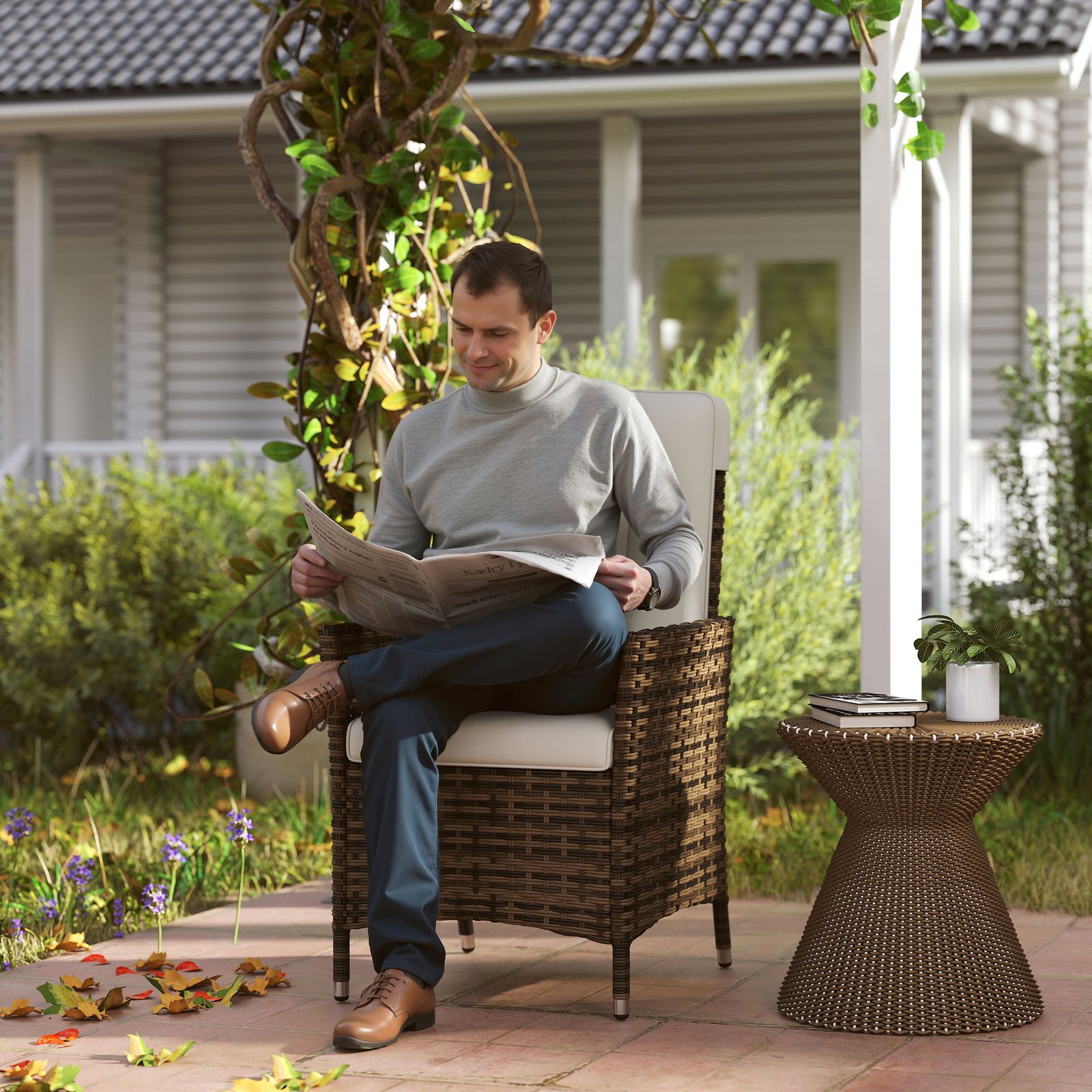 Outsunny 105°-150° Reclining Rattan Chair - Cream - Image 2