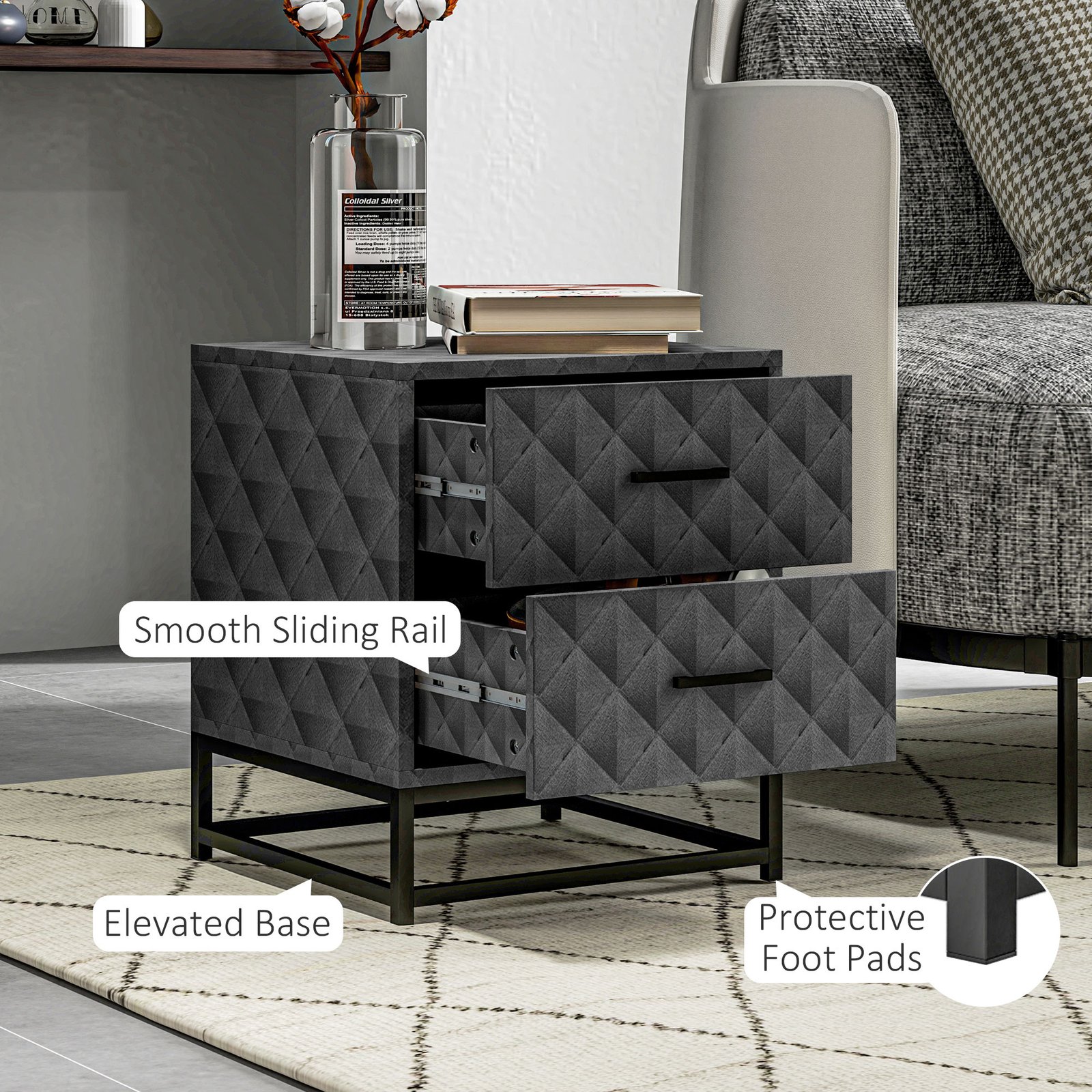 HOMCOM Bedside Tables Set of 2, Modern Bedside Table Nightstand with 2 Drawers, Bedside Cabinet Sofa Side Table with Storage, Steel Legs for Bedroom, Living Room, Grey - Image 6