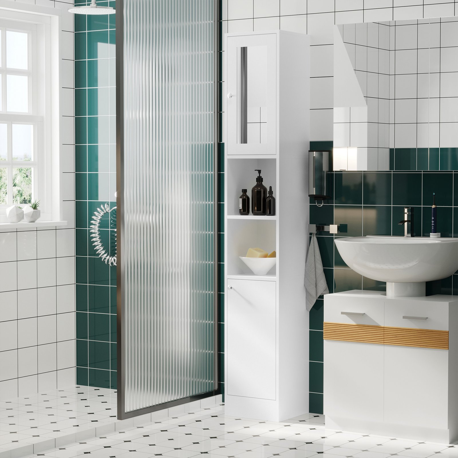 kleankin Tall Bathroom Storage Cabinet with Mirror, Freestanding Floor Cabinet Tallboy Unit with Adjustable Shelves, White - Image 5