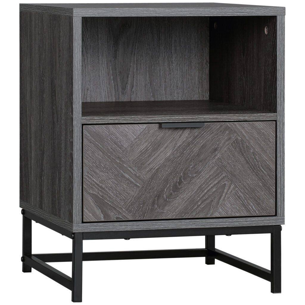 HOMCOM Bedside Table with Drawer and Shelf, Side End Table with Steel Legs for Living Room, Bedroom, Dark Grey HOMCOM Bedside Table with Drawer and Shelf, Side End Table with Steel Legs for Living Room, Bedroom, Dark Grey