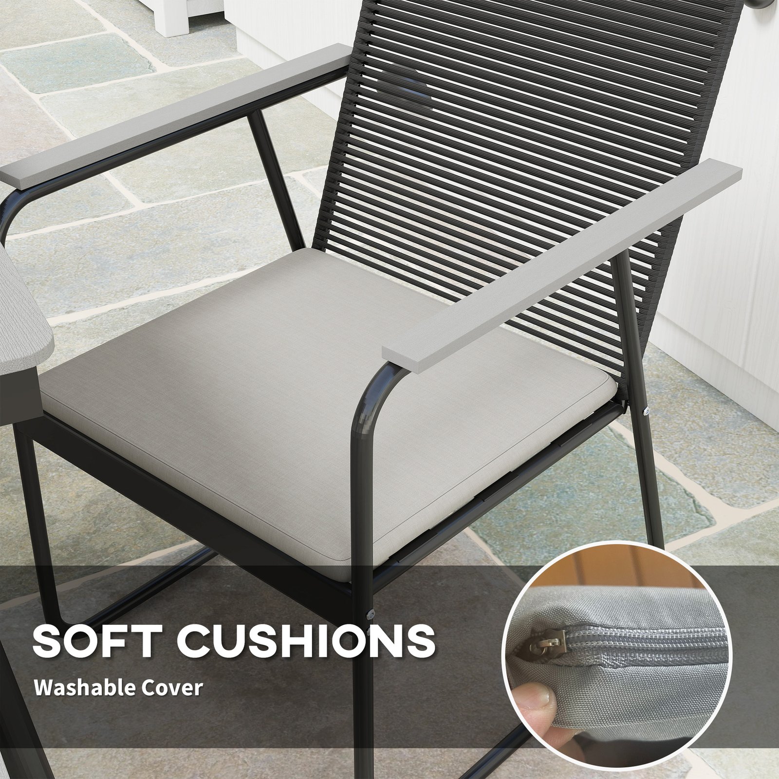 Outsunny 6 Seater Garden Dining Set with Soft Cushions, Rattan Backrest, Rectangular Plastic Top, Garden Furniture Set, Outdoor Dining Table and Chairs for Patio, Balcony, Poolside, Grey - Image 4