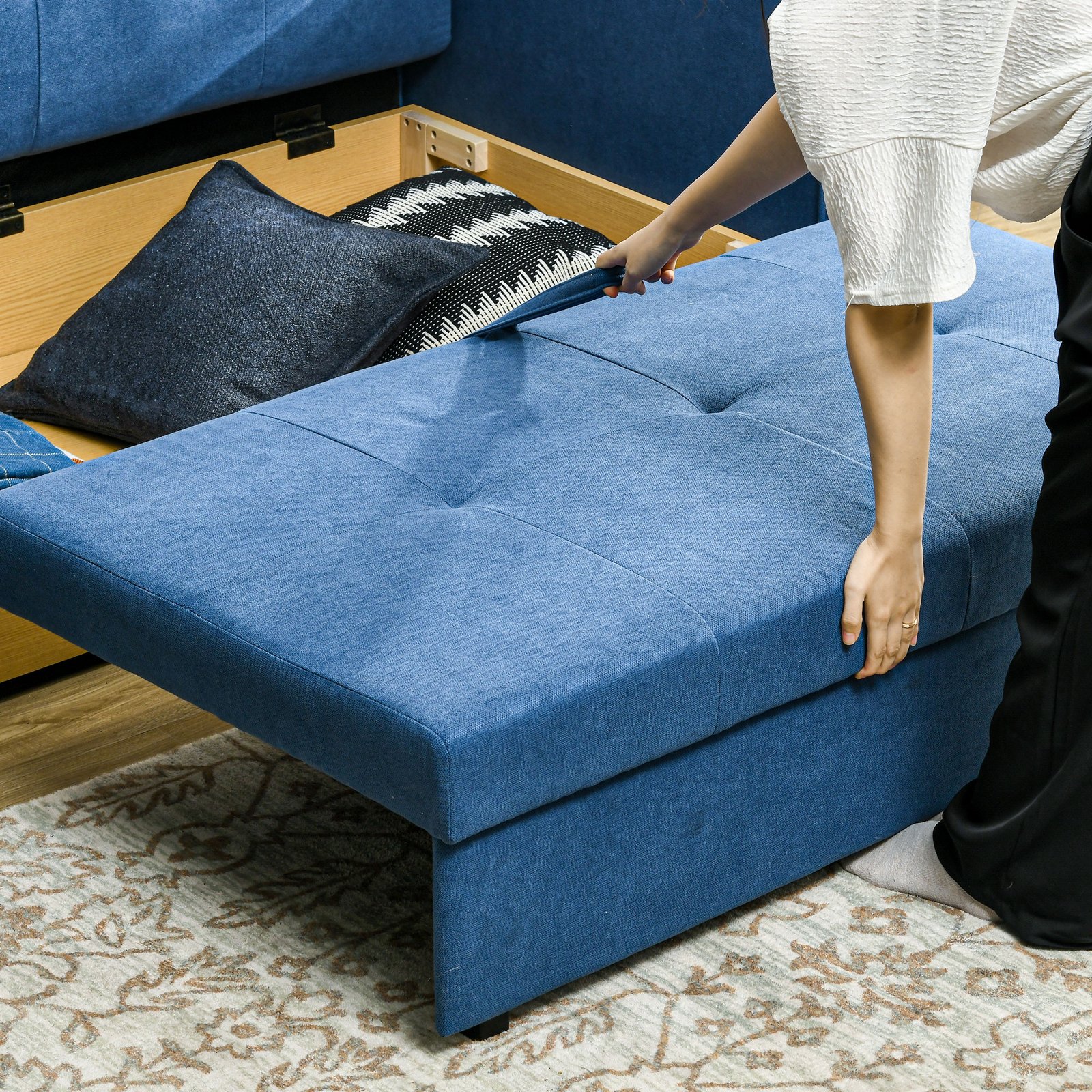 HOMCOM 2 Seater Sofa Bed with Hidden Storage, Pull Out Convertible Bed Settee, Modern Snow Flannel Loveseat Sofa Sleeper with 2 Cushions for Living Room, Guest Room, Deep Blue - Image 8