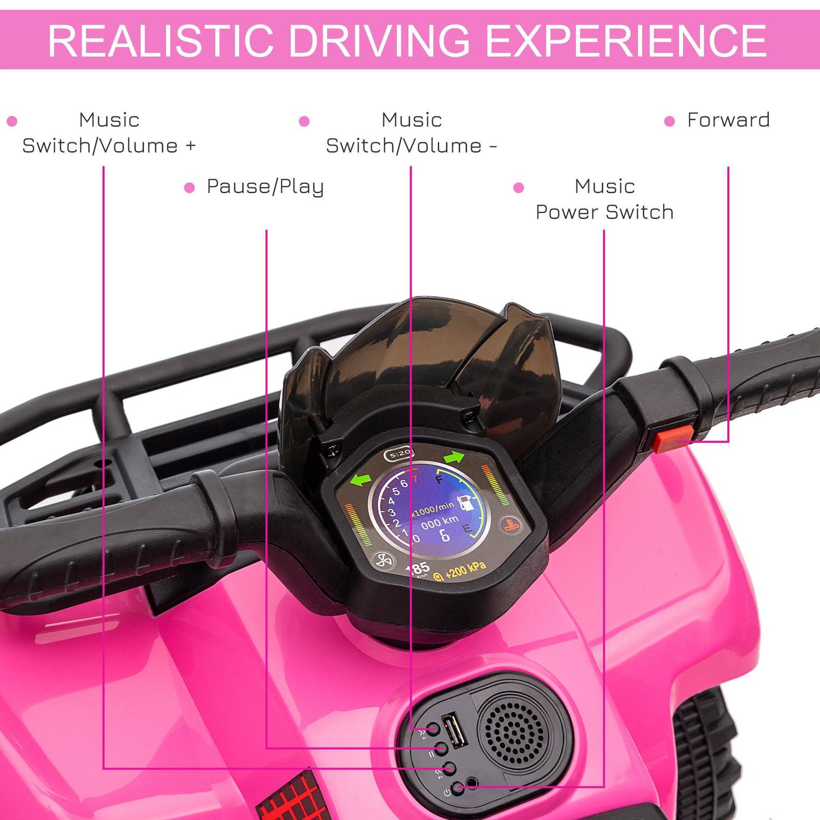 HOMCOM 6V Kids Electric Ride on Car Toddlers Quad Bike All Terrain Vehicle Toy With Music for 18-36 months Pink - Image 6