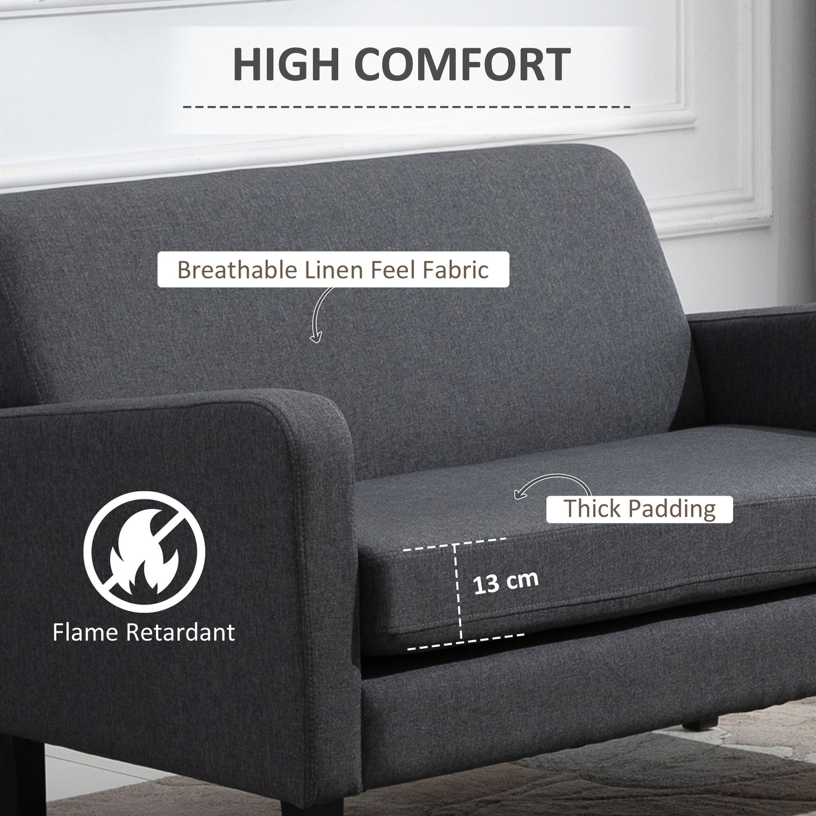 HOMCOM Linen Modern-Curved 2-Seat Sofa Loveseat w/ Thick Cushion Wood Legs Foot Pads Single Compact Home Furniture Grey - Image 4