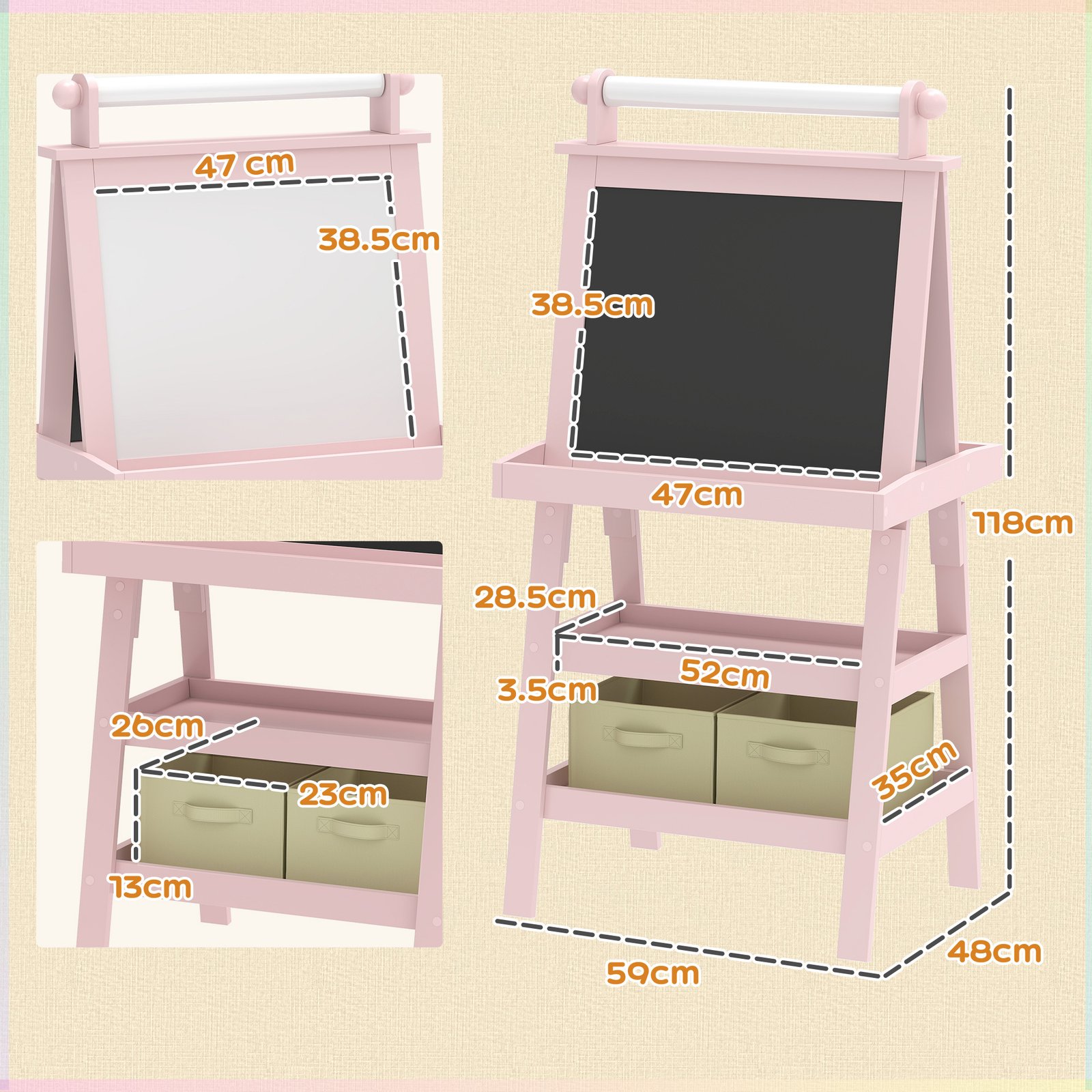 AIYAPLAY 3 in 1 Kids Easel Double-Sided Magnetic Whiteboard and Chalkboard with Paper Roll, Storage Baskets - Pink - Image 3