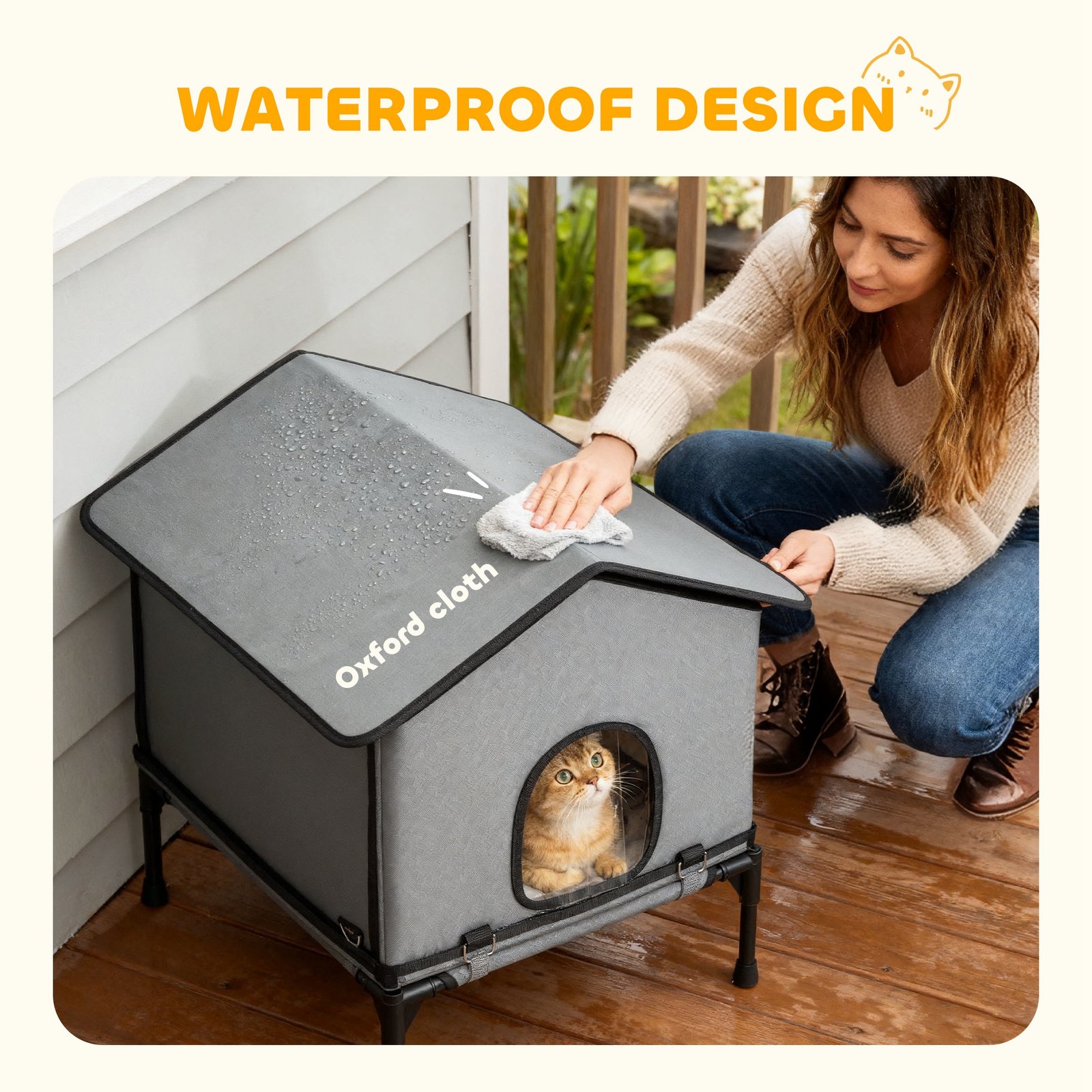 PawHut Outdoor Cat House, Waterproof Insulated Cat Kennel with Elevated Base, Foldable Feral Kitty Shelter for Kittens, Grey - Image 6