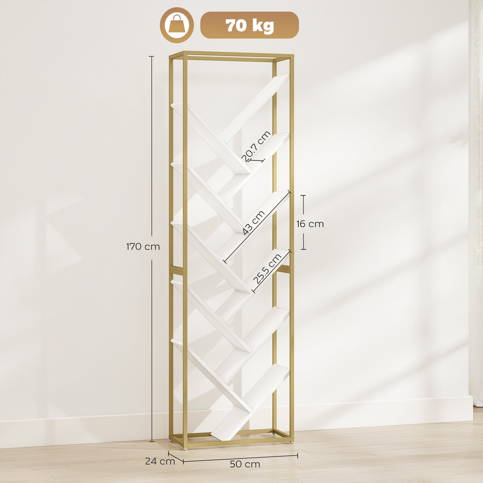 HOMCOM 10 Shelf Modern-Style Bookshelf - Gold Tone/White - Image 3