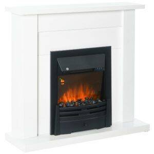 HOMCOM 40″ Electric Firplace Suites & Mantelpiece w/LED Flames Remote Marble Stone Modern Curved Surround Intelligent Safe Tempered Glass Adjustable Thermal 1000W/2000W