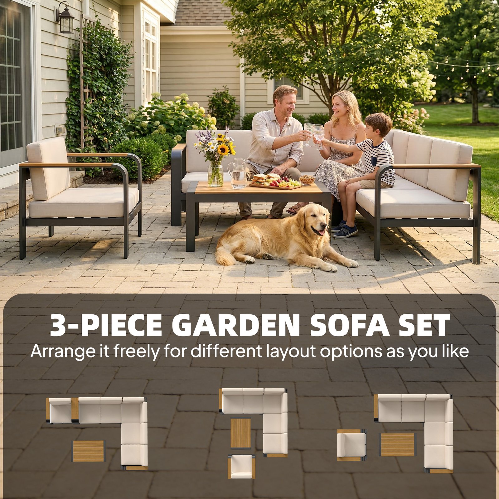 Outsunny 3 Pieces Garden Furniture Set with L-Shaped Sofa, Armchair and Coffee Table, Aluminium Garden Corner Sofa Set - Image 4