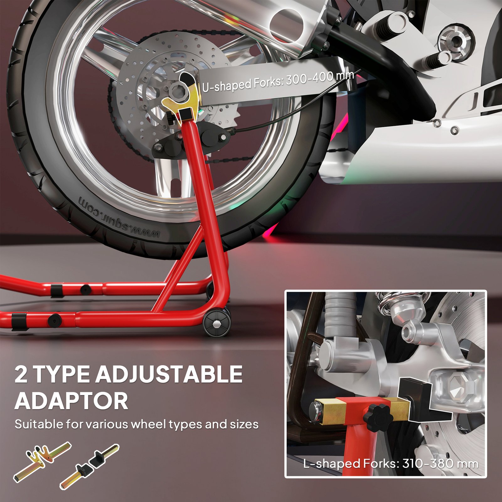 HOMCOM Motorcycle Rear Wheel Stand, 544 kg Capacity Heavy Duty Steel Motorbike Motorcycle Paddock Stand Lift with Adjustable U + L Forks, Wheels, Non-Slip Pads for Workshop Garage Repair, Red - Image 5