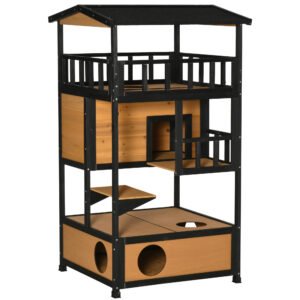 PawHut Wooden Outdoor Cat House, 3-Tier Cat Shelter with Tilted Roof, Terrace, Jump Step, Bottom Tray, Yellow