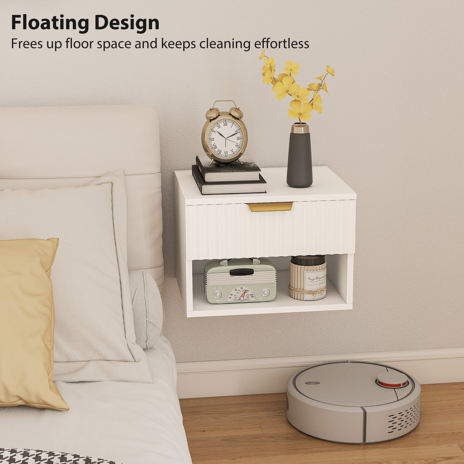 HOMCOM Floating Nightstands Set of 2, Modern Wall Mounted Bedside Tables with Fluted Drawer and Open Shelf for Bedroom, White - Image 6