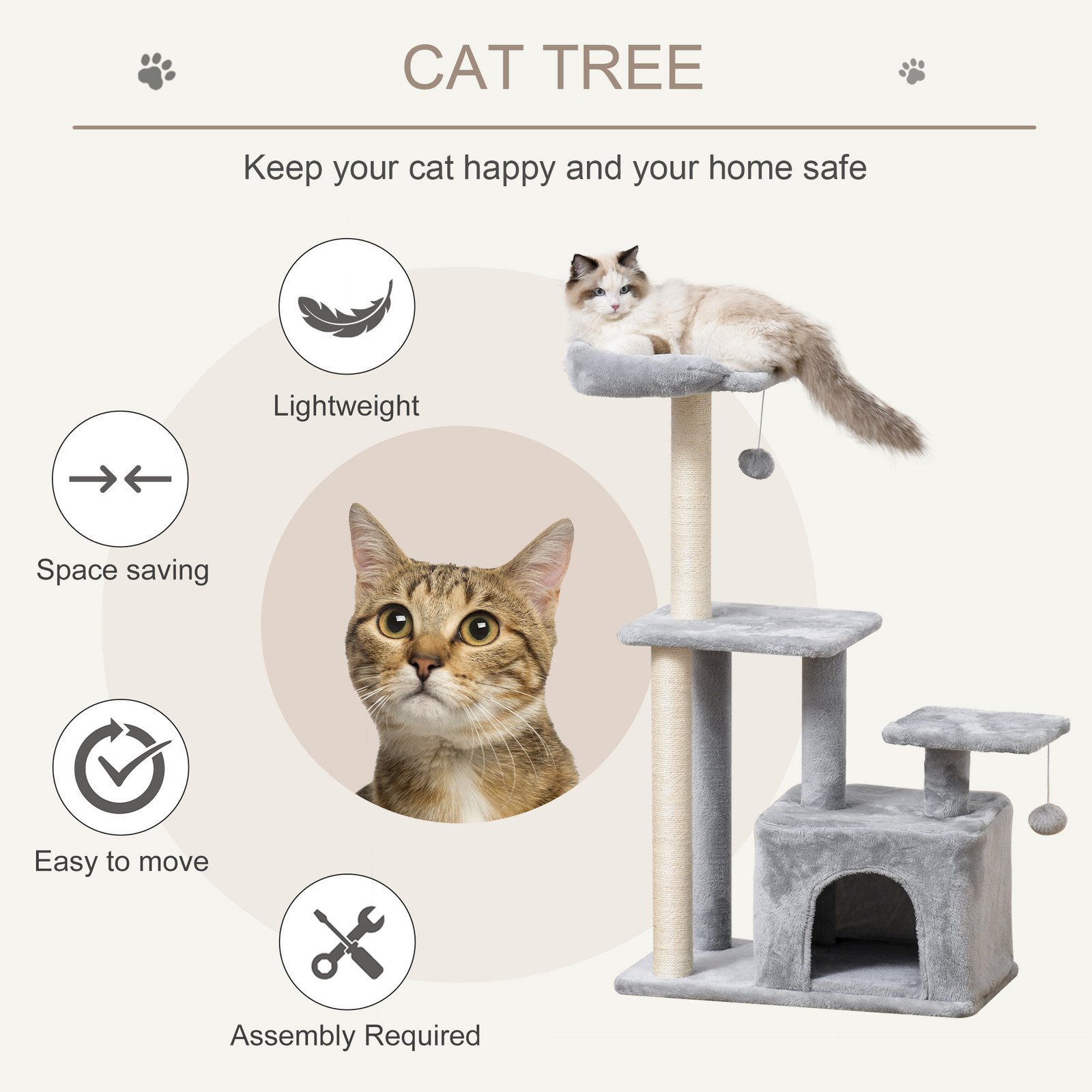 PawHut Cat Tree Tower for Indoor Cats 114cm Climbing Activity Centre Kitten with Sisal Scratching Post Perch Hanging Ball Condo Toy Light Grey - Image 4