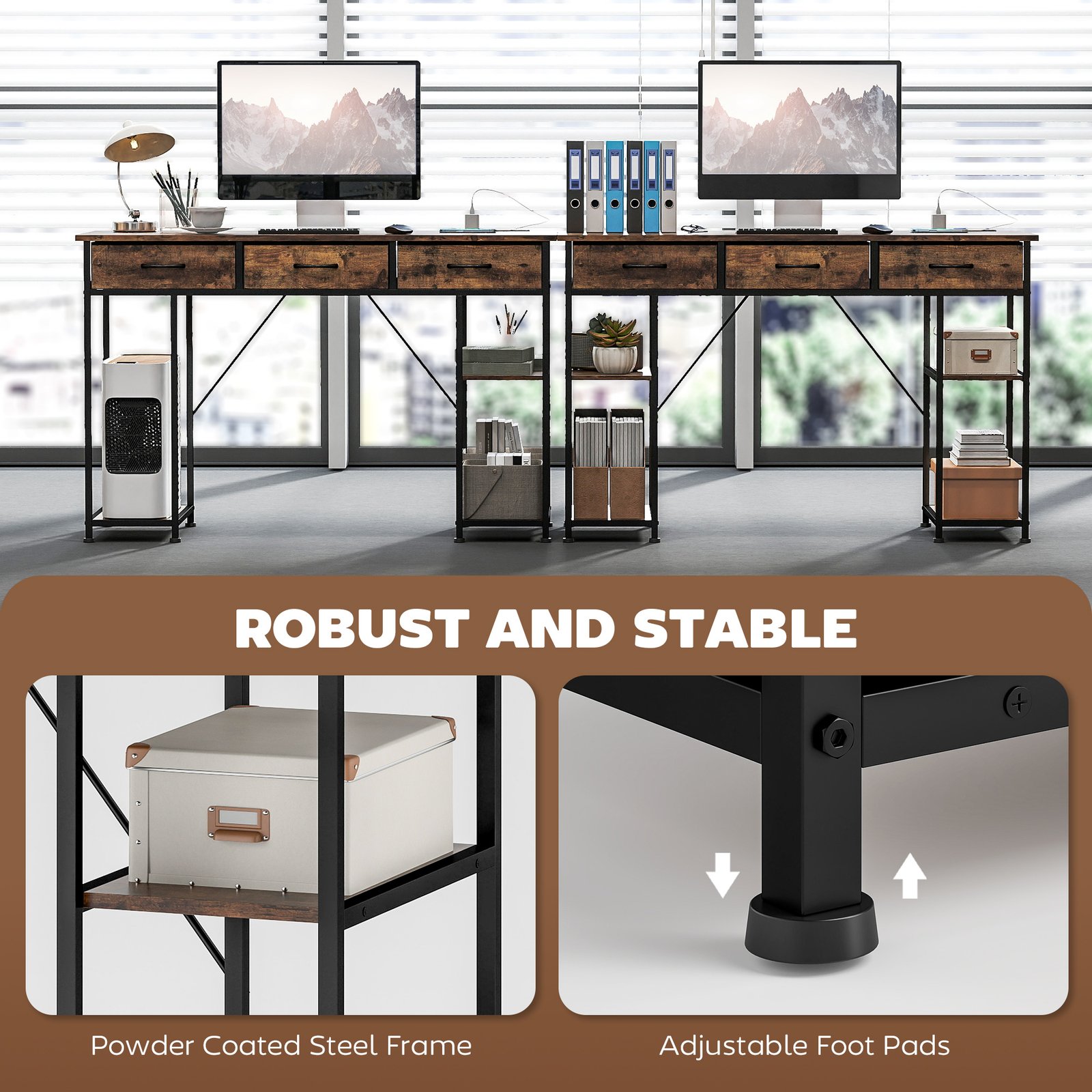 HOMCOM 120cm Computer Desk with Power Outlets, Office Desk Study Table with Fabric Drawers and Storage Shelves, Rustic Brown - Image 7