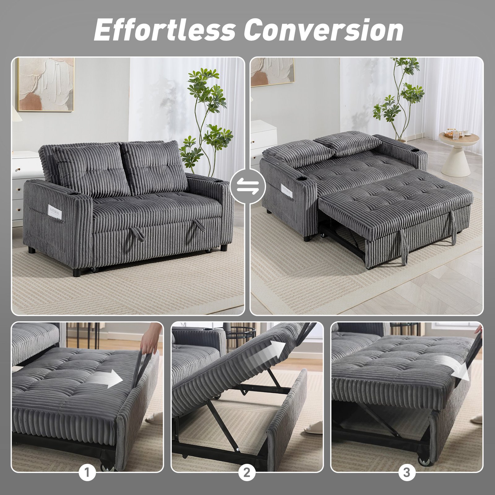 HOMCOM 2 Seater Click Clack Sofa Bed with Pull Out Design, Corduroy Upholstery - Charcoal Grey - Image 4