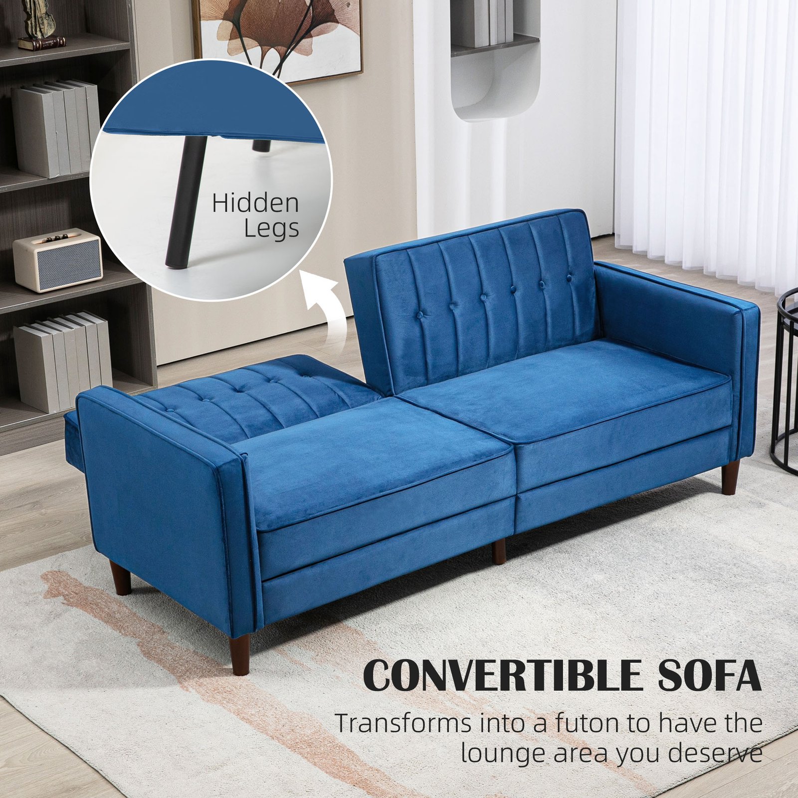 HOMCOM Velvet-Feel Three-Seater Sofa Bed - Blue - Image 4