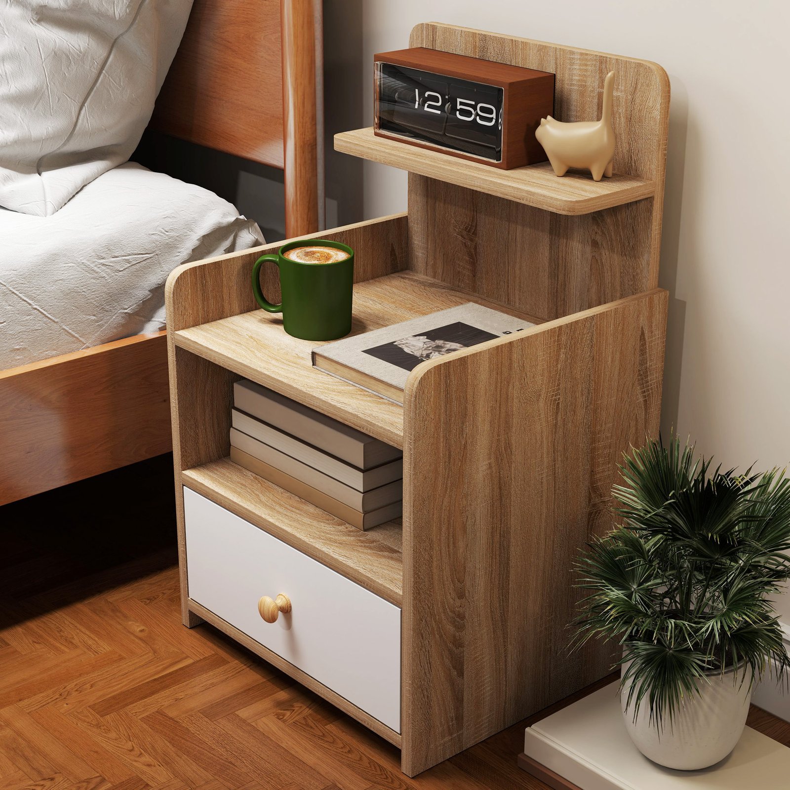 HOMCOM Multi-Storage Bedside Table - White/Wood-Effect - Image 7
