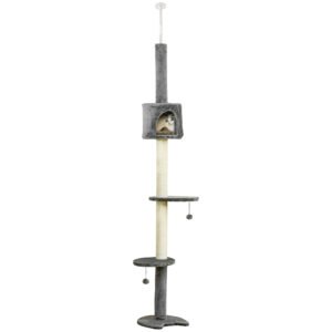 PawHut Floor to Ceiling Cat Tree for Indoor Cats, Kitten Tower, Condo, Multi-Layer Activity Center, Indoor Pet Play House with Solid Scratching Post Hanging Balls, Light Grey
