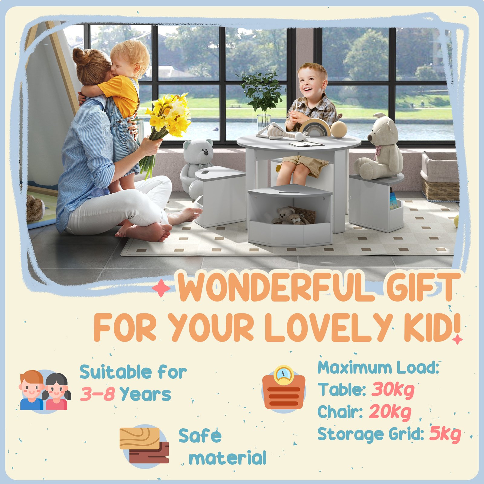 AIYAPLAY Five-Piece Kids Table and Chairs Set with Storage, for Ages 3-8 Years, Grey - Image 7