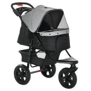 PawHut Dog Stroller Pram, 3-Wheel Foldable Pet Stroller with Invisible Sky Roof, for Small Dogs & Cats, Red