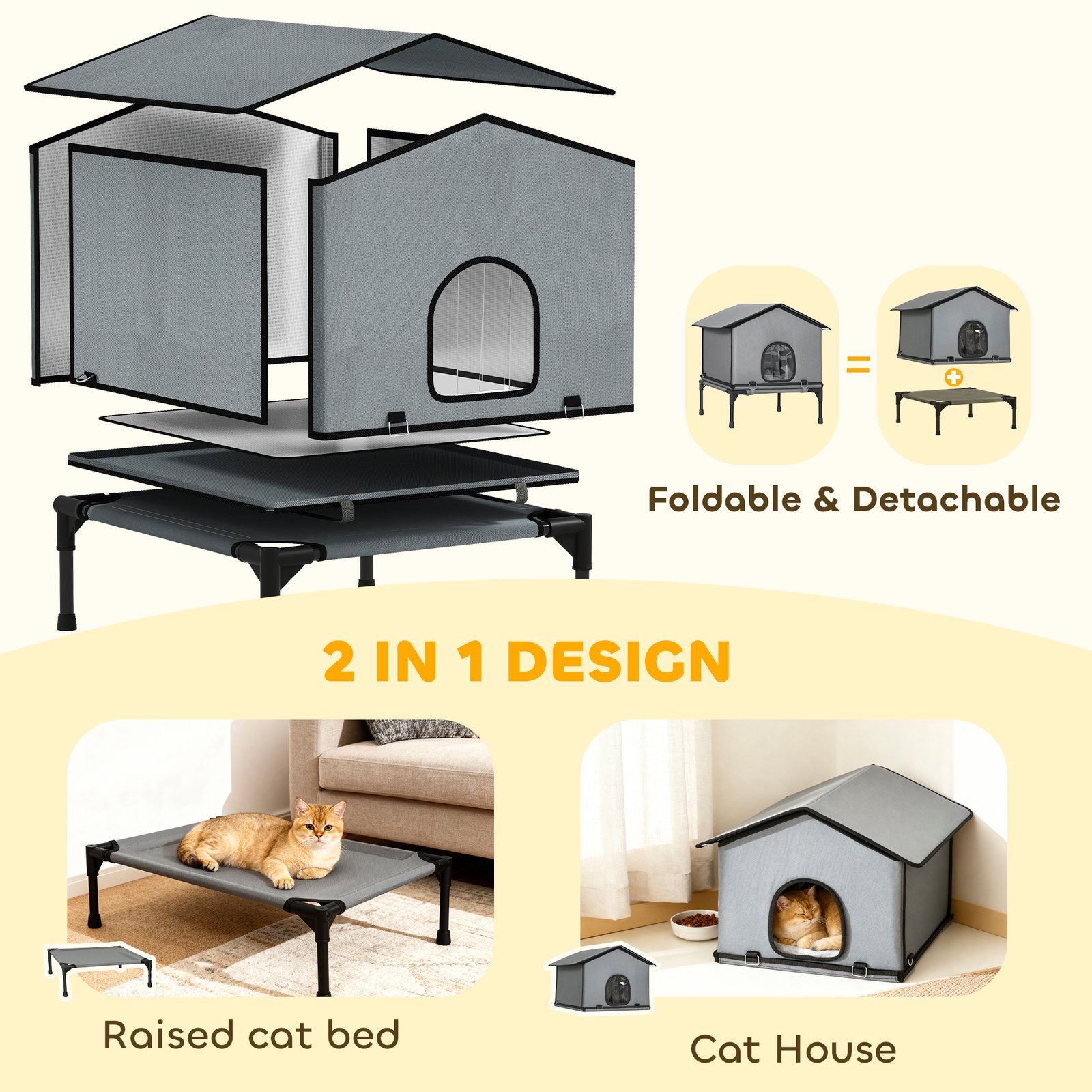 PawHut Outdoor Cat House, Waterproof Insulated Cat Kennel with Elevated Base, Foldable Feral Kitty Shelter for Kittens, Grey - Image 4