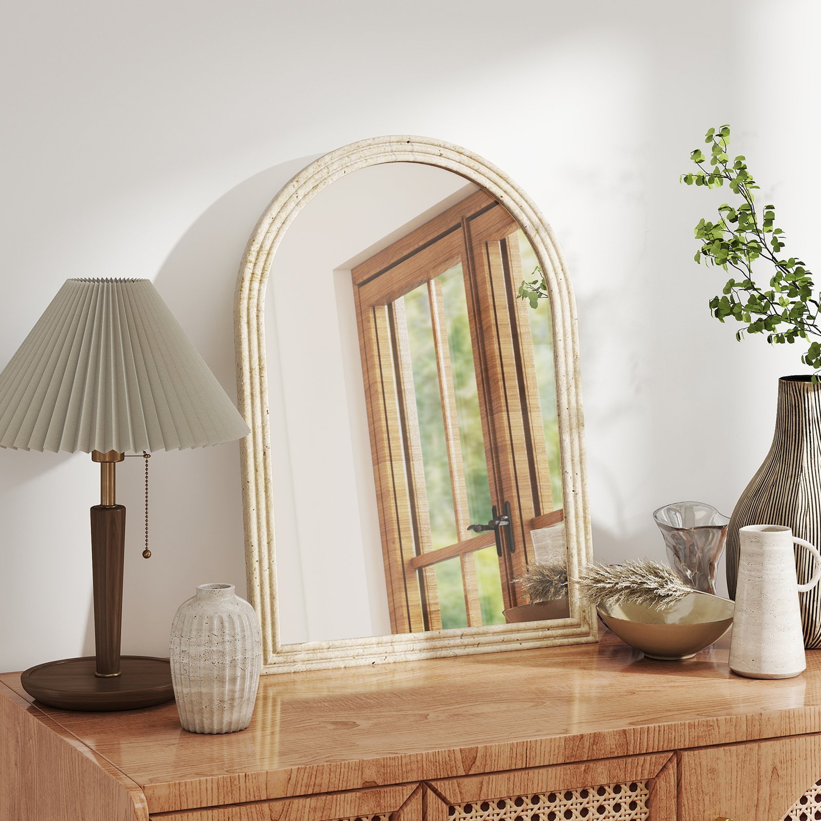 HOMCOM Arched Wall Mirror with Grooved Edge & Hooks, Wall-Mounted Mirror, Modern Tempered Glass & Polystyrene Beige - Image 7