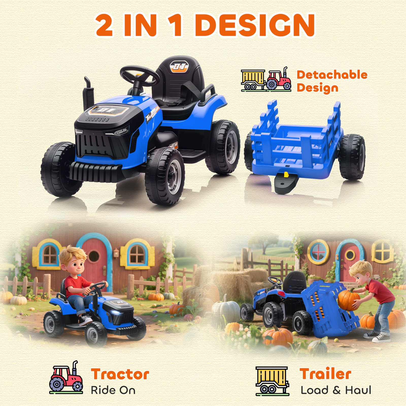 AIYAPLAY 12V Ride on Tractor and Trailer with Remote Control, Music, Shifter, Start-Up Sound, for Kids Ages 3-8 Years, Blue - Image 5