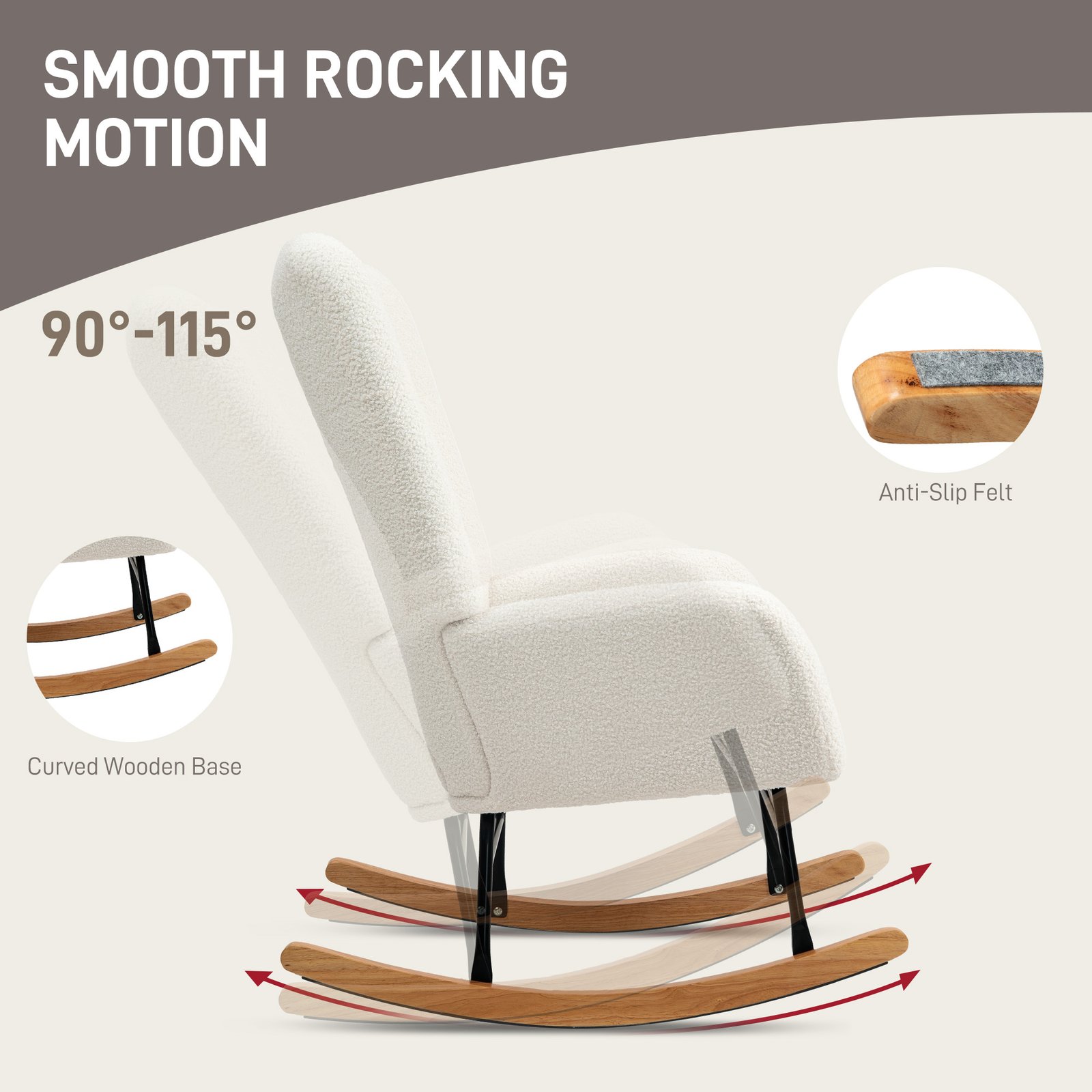 HOMCOM Teddy Fleece Rocking Chair - Cream White - Image 4