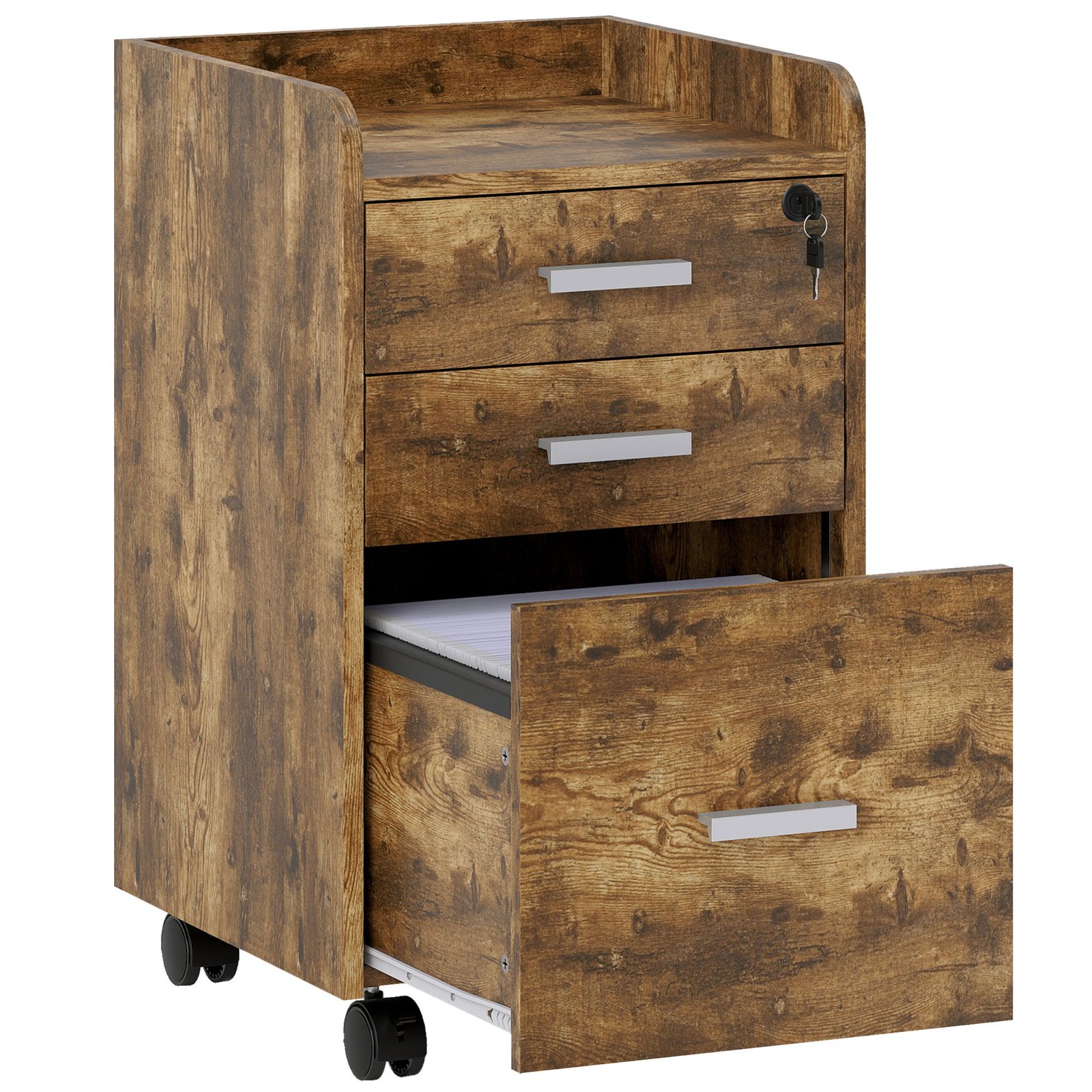 HOMCOM 3 Drawer Filing Cabinet with Lock, Rolling File Cabinet with Edged Top for Letter, A4 Size, Hanging File Folders
