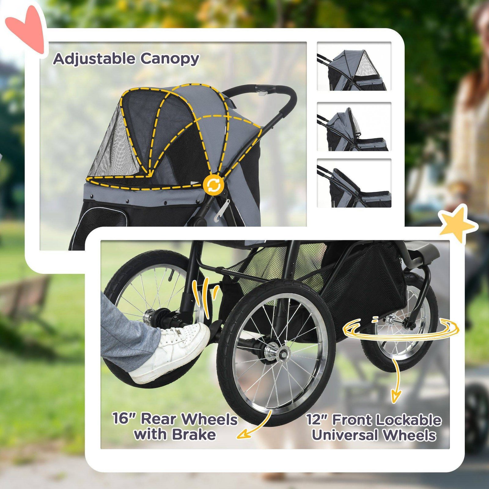 PawHut Foldable Pet stroller, Dog Buggy with Three Wheels, for Small/Medium Dogs, Grey - Image 7