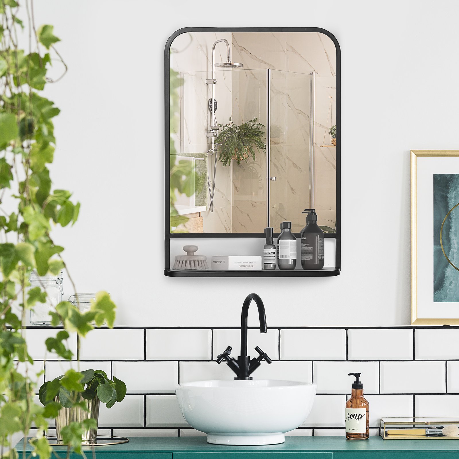 HOMCOM Modern Square Wall Mirror with Storage Shelf, 70 x 50 cm Mirrors for Living Room, Bedroom, Black - Image 2