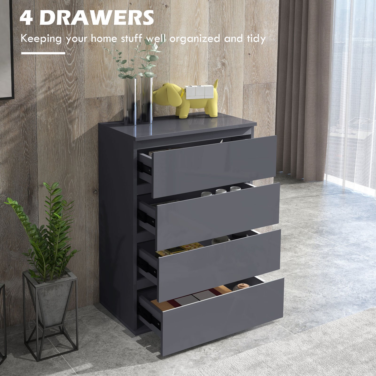 HOMCOM High Gloss Chest of Drawers, 4-Drawer Storage Cabinets, Modern Dresser for Bedroom, Grey - Image 4