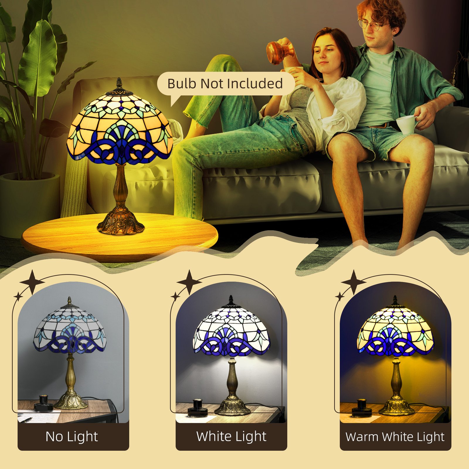 HOMCOM Stained Glass Table Lamp, Handmade Antique Bedside Lamp for Bedroom, Living room, Home, Nightstand, Decorative Night Light, Blue - Image 5
