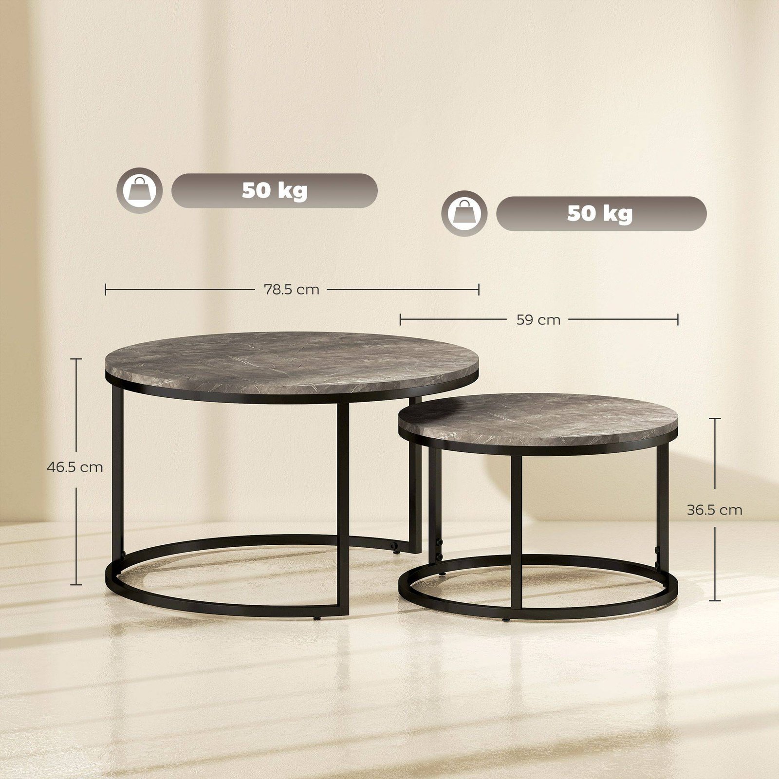 HOMCOM Industrial Nesting Coffee Table Set of 2, Round Coffee Tables, Living Room Table with Faux Marbled Top and Steel Frame - Image 3