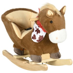 HOMCOM Kids Rocking Horse, with Secure Harness, Sounds, Foot Pedals - Brown