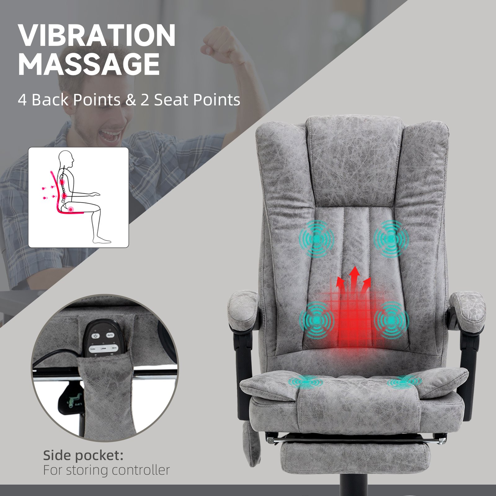Vinsetto Office Chair with Massage and Heat, Microfibre Reclining Computer Desk Chair with Footrest and Adjustable Height, Swivel Wheels for Home Office, Grey - Image 6