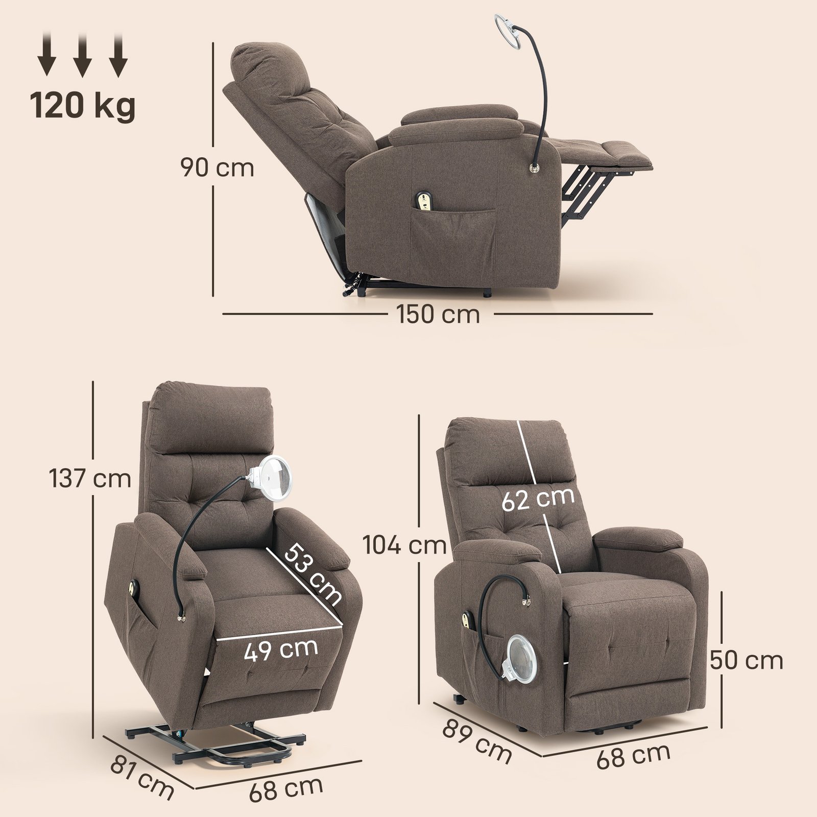 HOMCOM Electric Rise/Recline Armchair, with Reading Light - Brown - Image 3