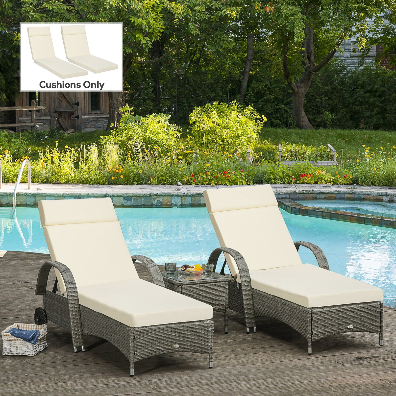 Outsunny Set of 2 Sun Lounger Cushions, Replacement Cushions for Rattan Furniture with Ties, 196 x 55 cm, Cushion ONLY, Cream White - Image 2