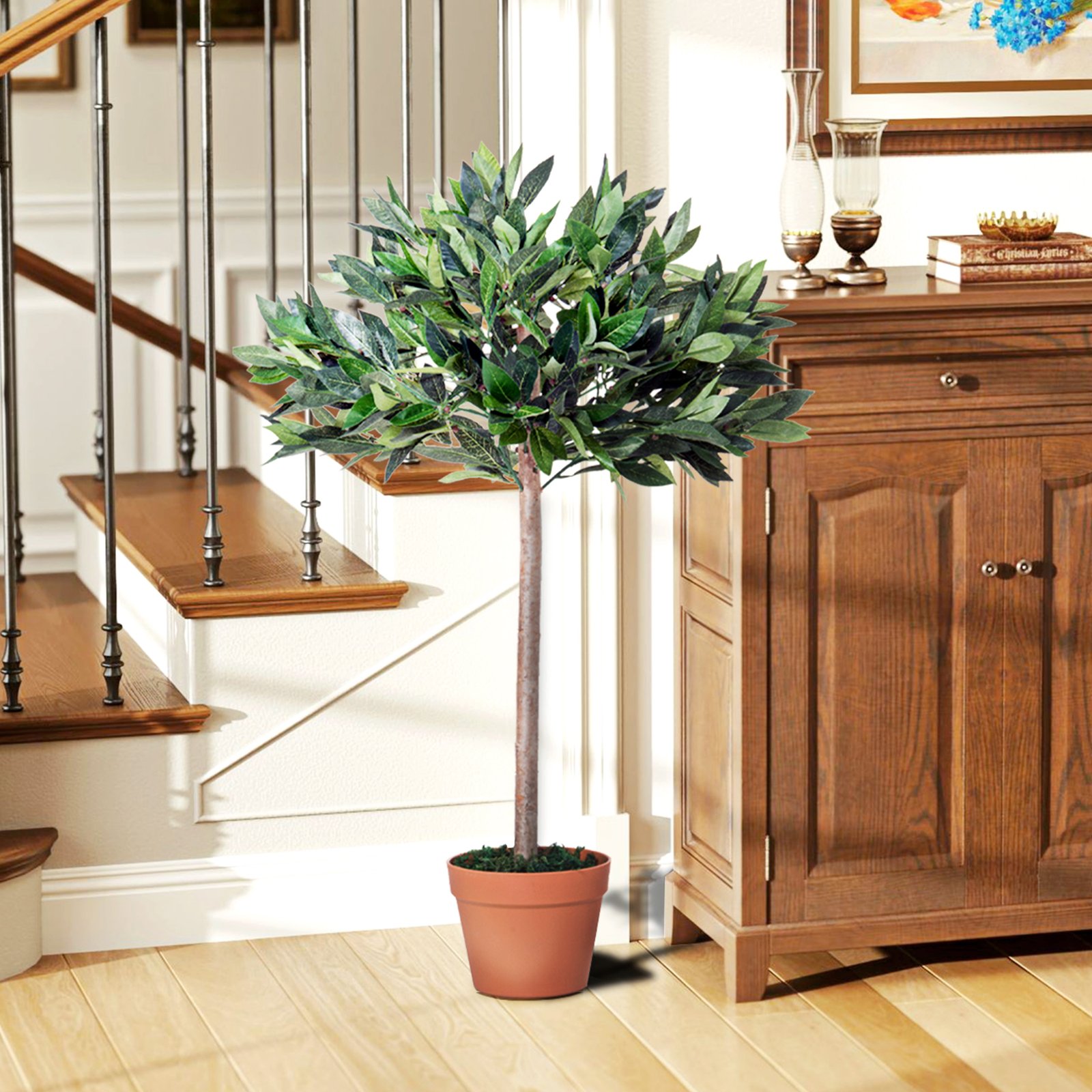 Outsunny 3ft Artificial Laurel Tree Indoor Plant Greenery for Home Office Potted in An Orange Pot - Image 8