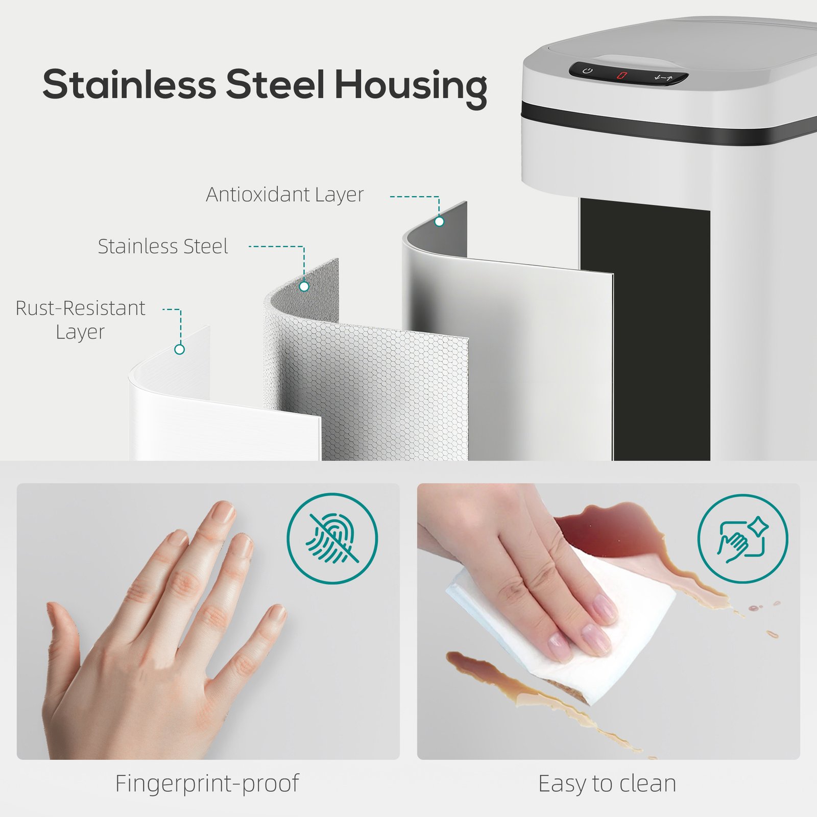 HOMCOM 12L Sensor Bin, Automatic Touchless Motion Sensor Kitchen Bin with Fingerprint Resistant Stainless Steel, White - Image 7