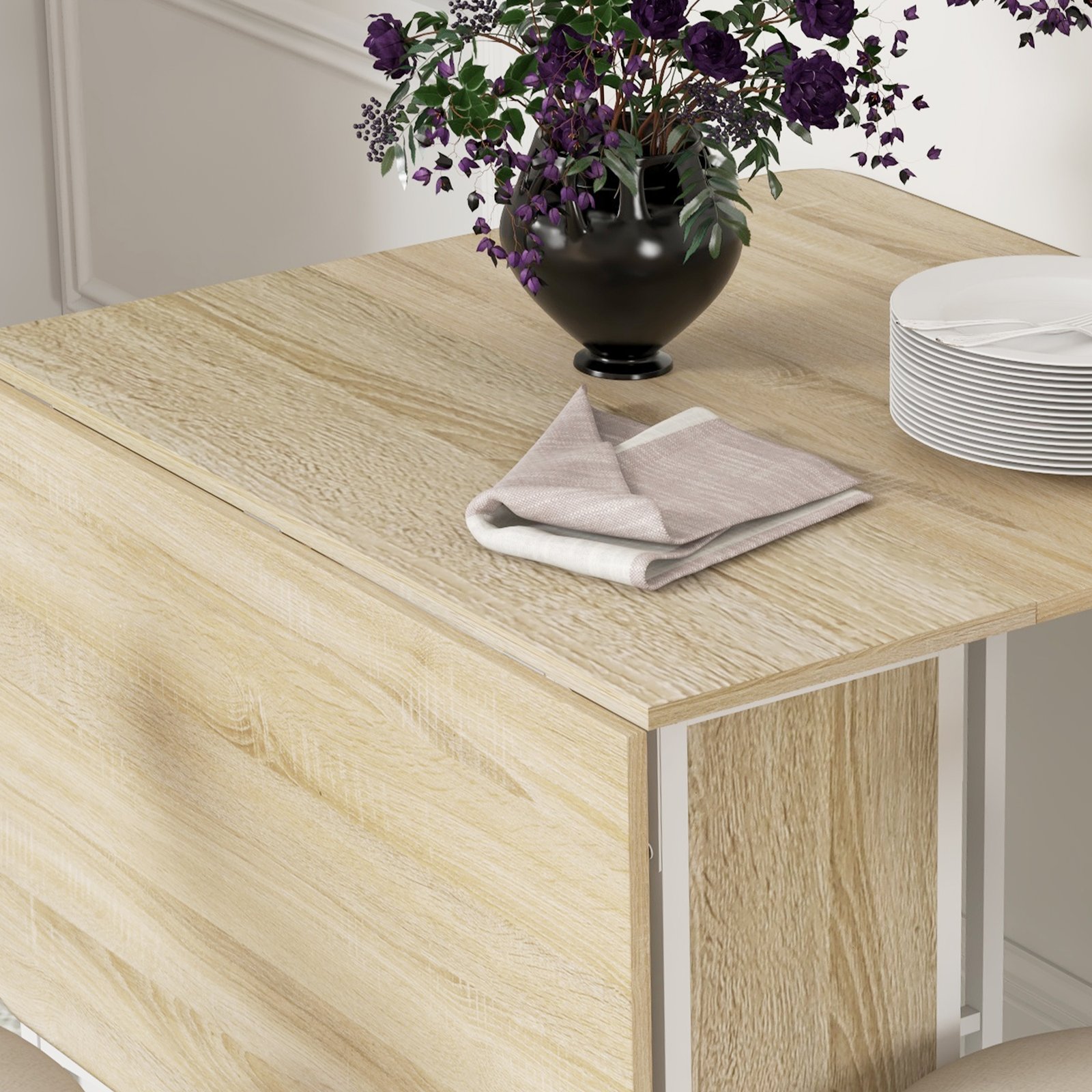 HOMCOM Six-Person Drop Leaf Dining Table - Natural/White - Image 9
