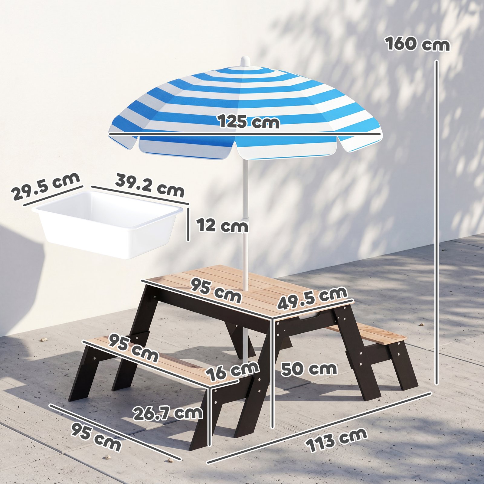 AIYAPLAY Kids Garden Furniture with Parasol, 3 in 1 Wooden Sand and Water Table with 2 Hidden Play Boxes for Patio, Ages 3-6 - Image 3