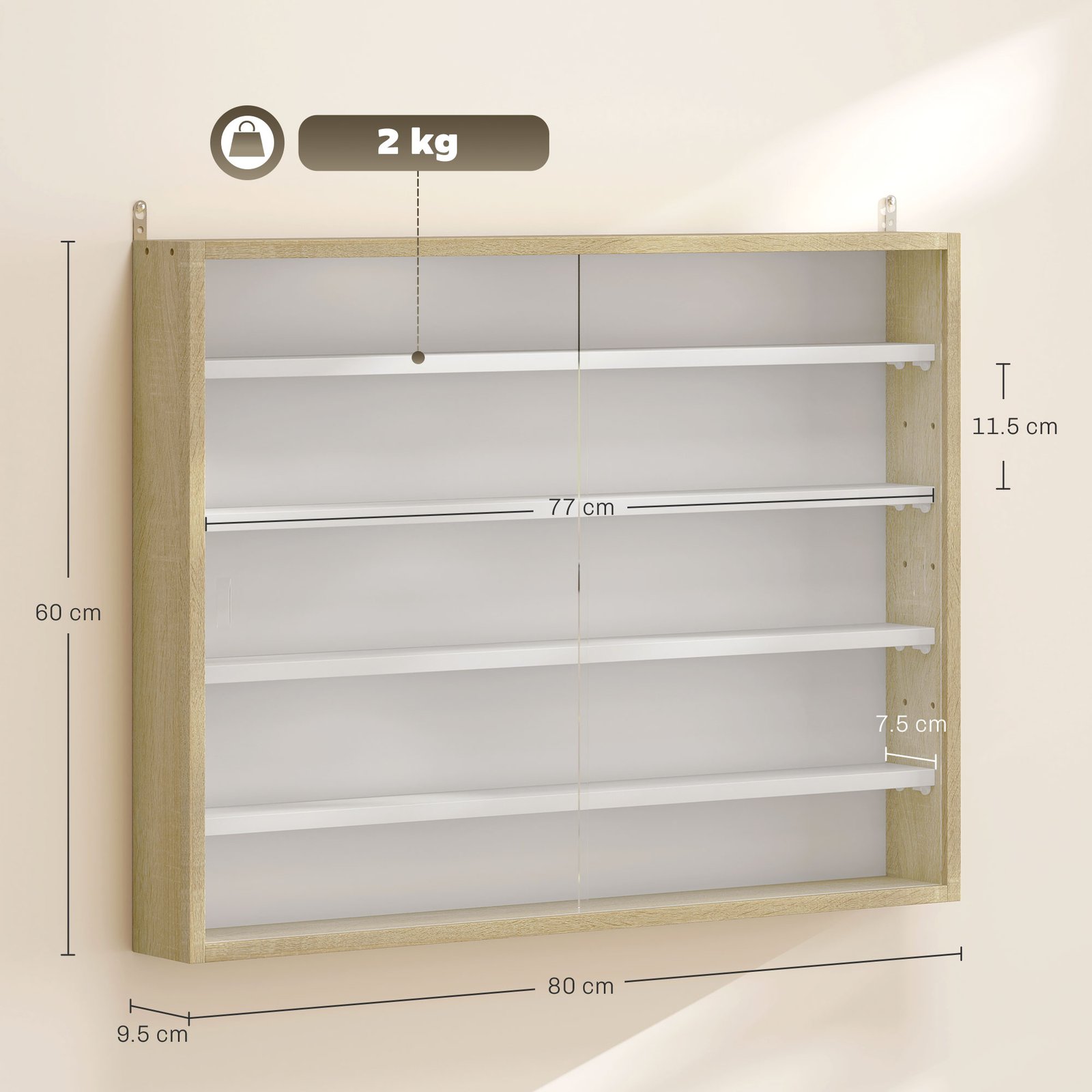 HOMCOM 5-Tier Wall Display Shelf Unit Cabinet w/ 4 Adjustable Shelves Glass Doors Home Office Ornaments 60x80cm Natural - Image 3