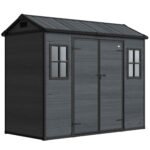 Outsunny 8 x 4 ft Resin Garden Shed, Wood-Effect Outdoor Storage Shed with Floor, Windows, Lockable Doors and Vents, Dark Grey Outsunny 8 x 4 ft Resin Garden Shed, Wood-Effect Outdoor Storage Shed with Floor, Windows, Lockable Doors and Vents, Dark Grey